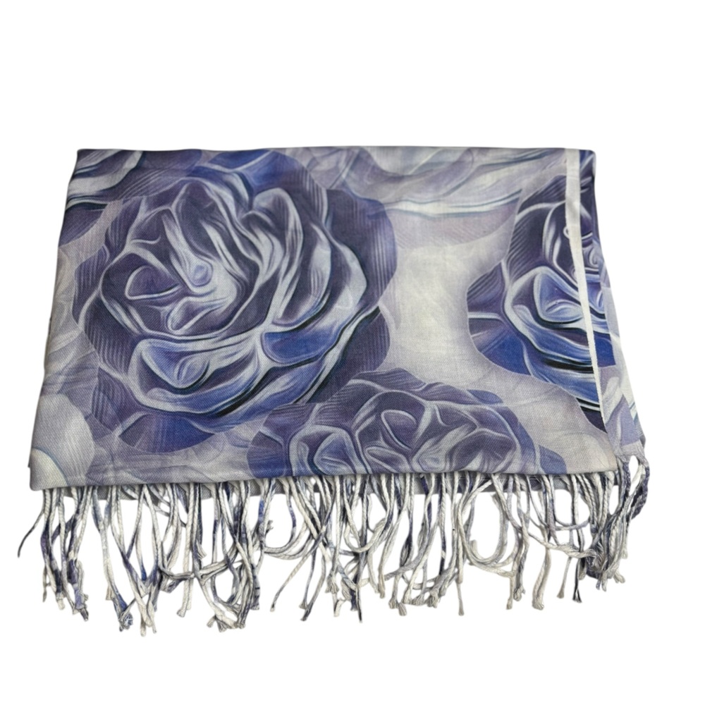 Turkish Pashmina Wrap Large Blue & Purple Floral Scarf with Fringe Rectangle